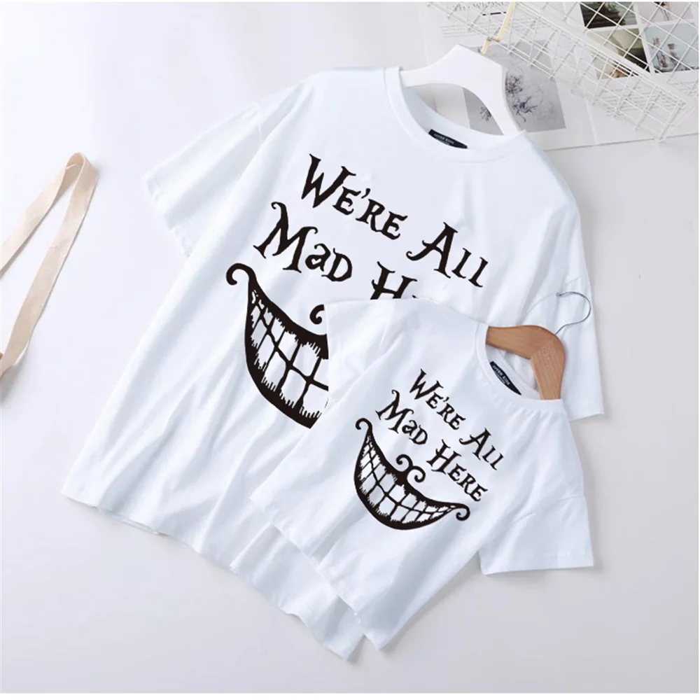 

WE ALL MAD HERE Letter Printed T Shirts For Kids Boys Girls Family Summer Matching Clothes Alice In Wonderland Cartoon Cute Tops
