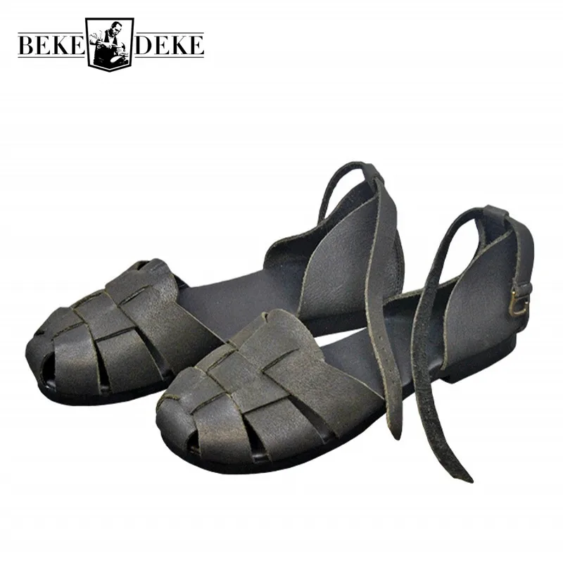 

Summer Preppy Style Ladies Flat Sandals Breathable Retro Weave Rome Sandals Casual Genuine Leather Cover Heel Sandals Women