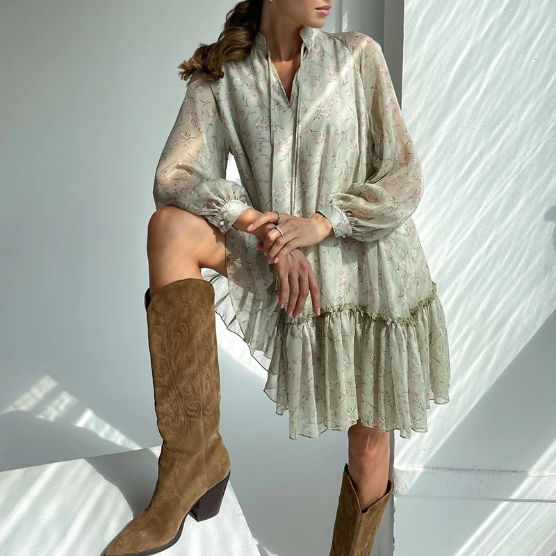 

Ruffle Chiffon Loose Floral Print Dress Autumn Women V Neck Short Party Dress Casual Long Sleeve Lace-up Mini Green Dresses 2021