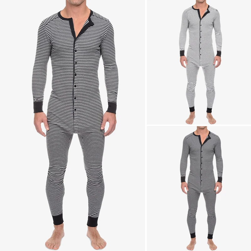 

Leisure Striped Playsuits INCERUN Men Long Sleeve O Neck Sleepwear Jumpsuits Fitness Buttons Rompers Homewear Mens Onesies S-5XL