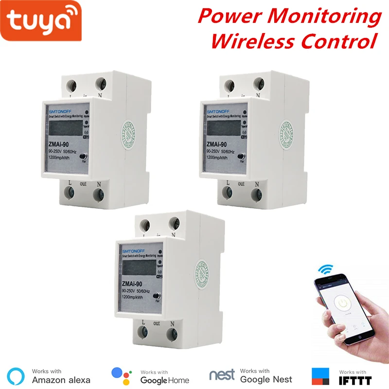 3 шт. Tuya Smart WiFi Мощность потребление переключатель контроля энергии метр 110 V-220 V din-рейку дистанционного Управление Google Home Совместимость