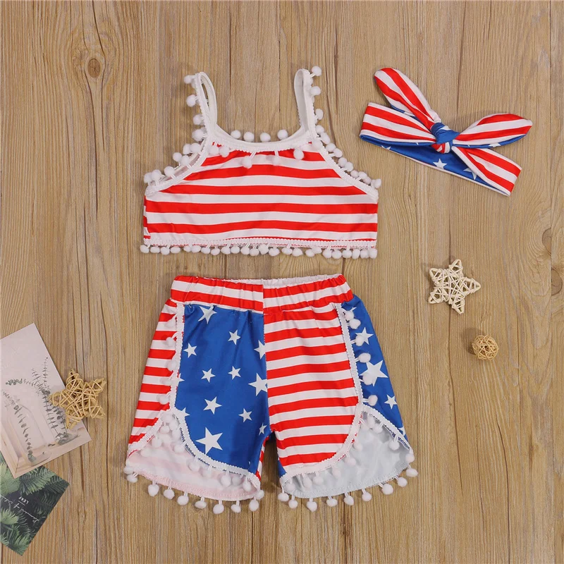 

Girls Independence Day Clothes Set, Stripe Star Print Sleeveless Sling Tops + Short Pants + Headband