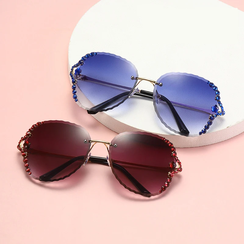

Sexy Rhinestone Sunglasses Women 2022 Luxury Brand Womens Fashion Rimless Gradual Gray Wave Edge Sun Glasses for Ladies