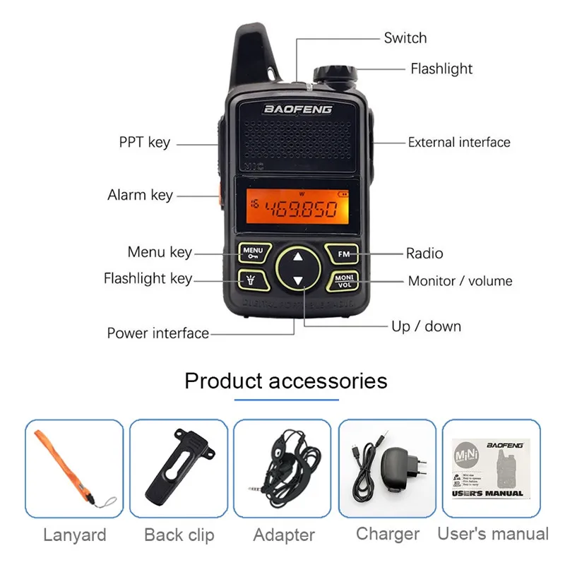 BAOFENG BF-T1 Mini Walkie-talkie UHF Ham FM HF Handheld Transceiver Kids Toy Portable Two-way Radio BF T1 Walkie talkie ES US