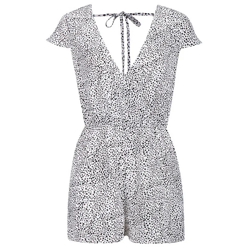 

QRWR Summer 2020 Casual Short Sleeve Shorts Jumpsuit Women V Neck Leopard Bodysuit Sexy Backless Lace Up Women Jumpsuit