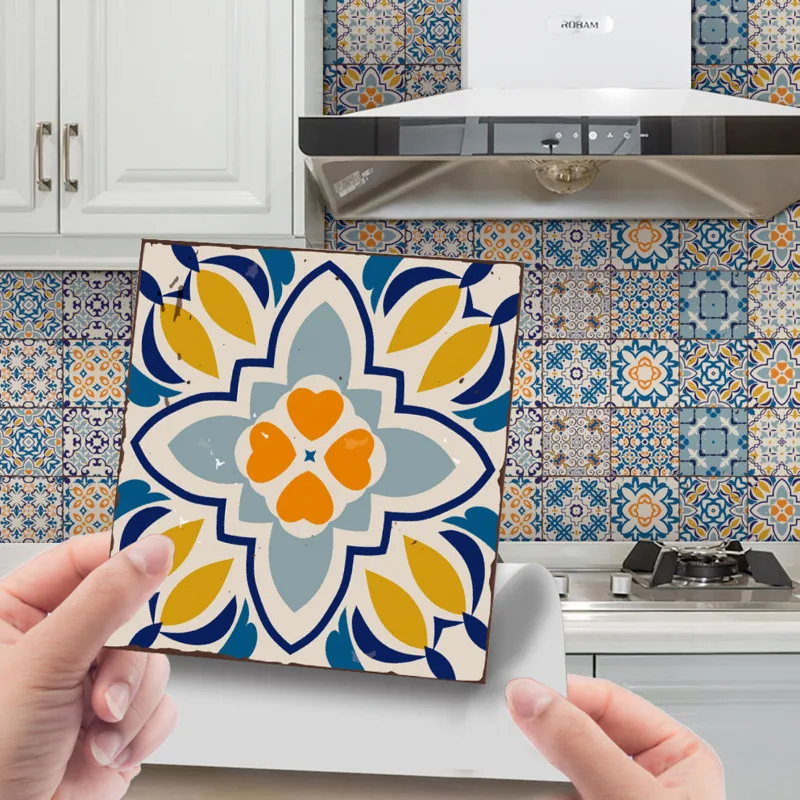 

24 Pieces Of Fantasy Blue Mandala Pattern Self-adhesive Removable Tile Wall Stickers Bathroom Kitchen Furniture DIY Decorative