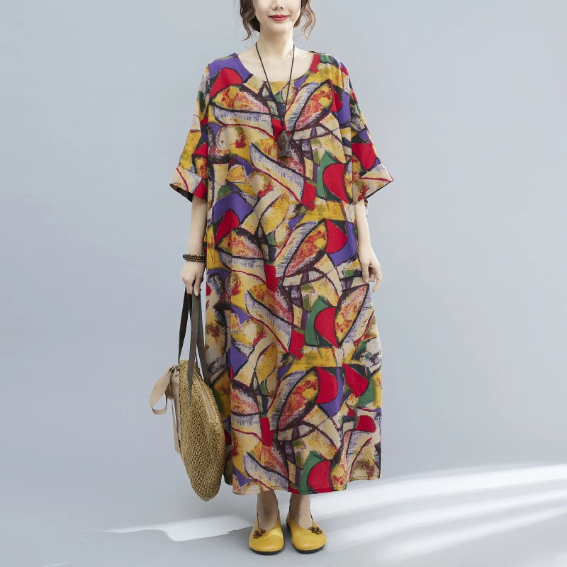 

2021 Summer Women Casual Loose Cotton Long Dress Floral Pattern Elegant Clothes Short Sleeve Ladies Fashion Dresses Sundress