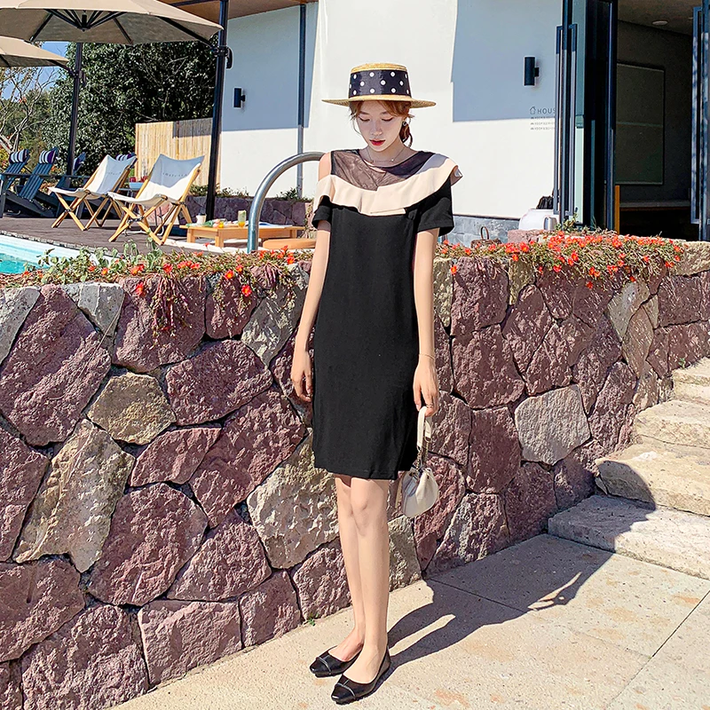 

Woman Black Dress Summer Temperament Goddess Fan Chiffon Was Thin and Straight Sexy Off-the-shoulder Skirt Sexy Dress