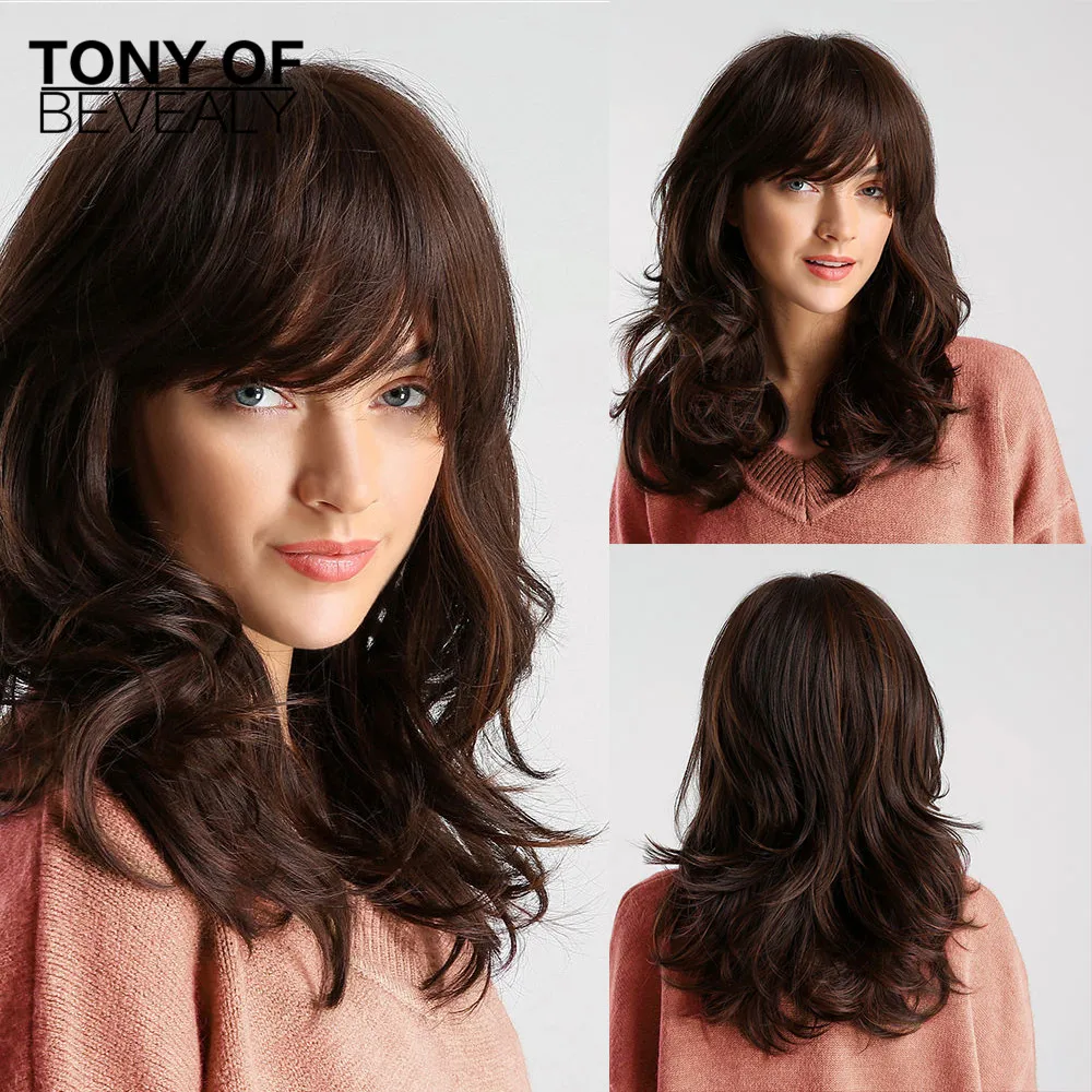 Парики женские синтетические волнистые средней длины с челкой| |