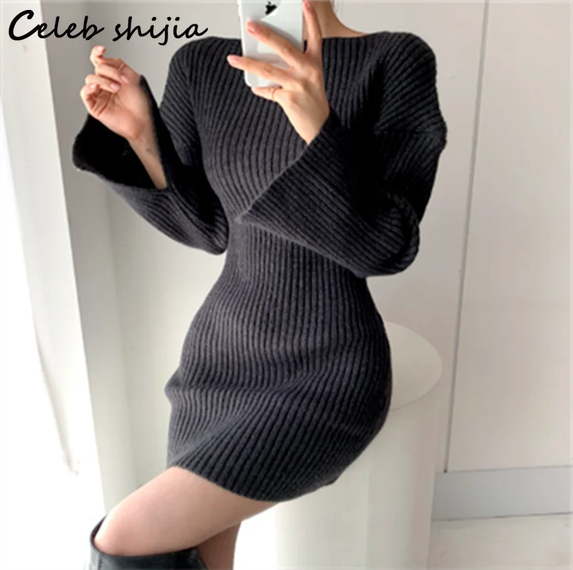 

Y2k Knitted Dresses Women Autumn Winter Chic Split Sleeve Black Mujer Dress Female Korean Elegant Knitwear dress