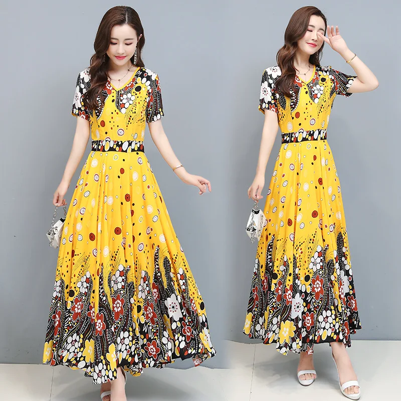 

women's new Korean version of large-size cotton silk dress slim V-neck short-sleeved temperament ladies' big dress
