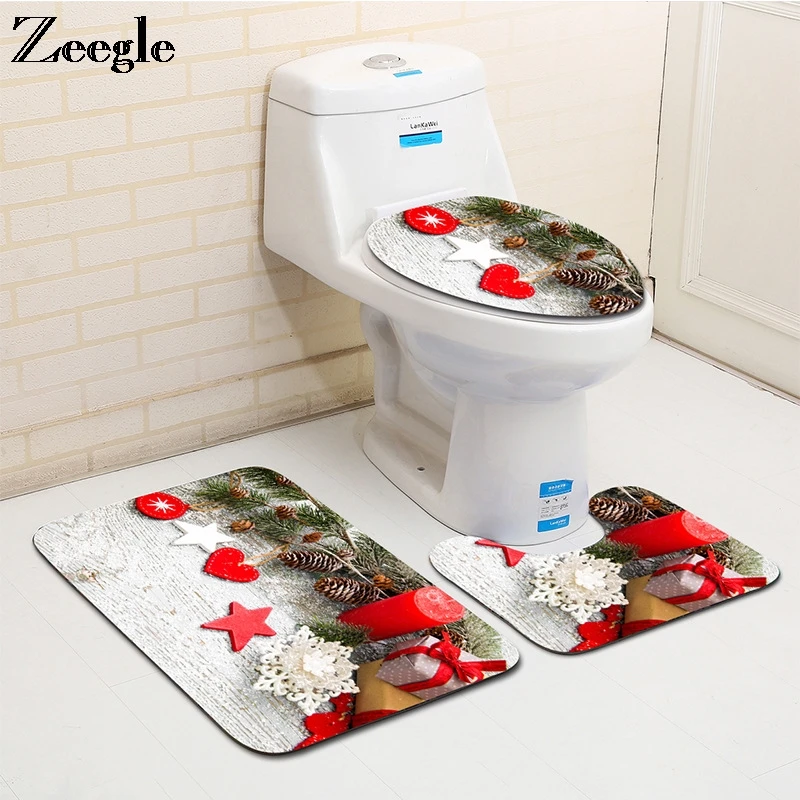 Zeegle Christmas Bathroom Rug Set Anti Slip Carpets Absorbent Toilet Pedestal Foot Mat Washable 3pcs | Дом и сад