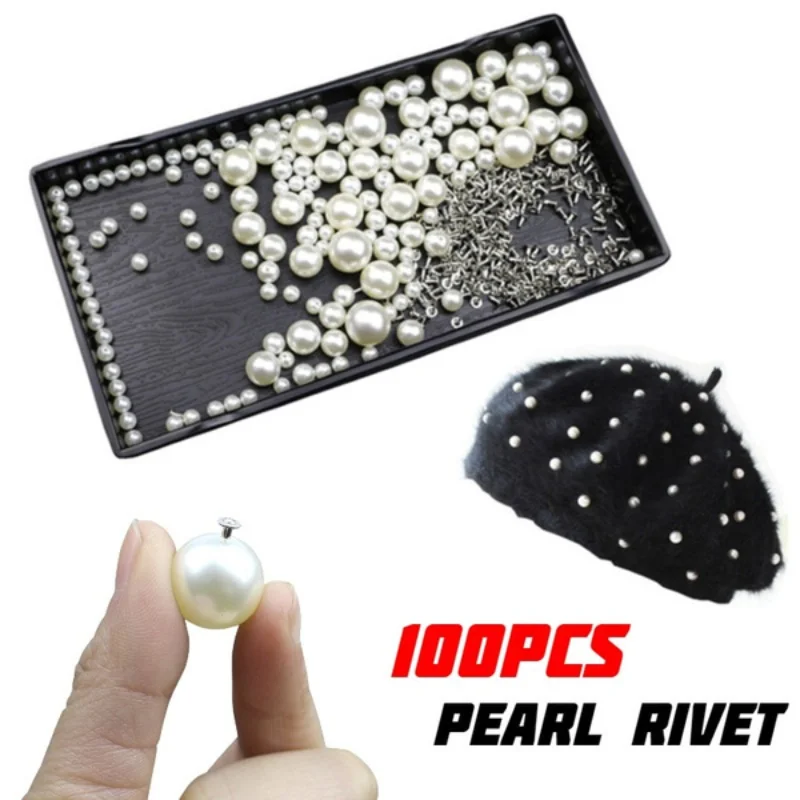 100pcs White Pearls Rivets Studs Beads for DIY Crafts Leather Bag Shoes Clothes Hat Decoration Wedding Dress Veil Pearl Rivets
