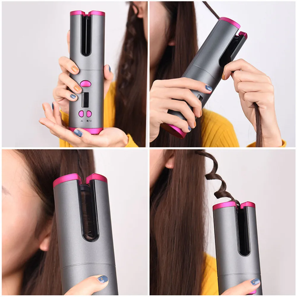

2021 Cordless Automatic Hair Curler USB Rechargeable Curling Iron Curls Waves LCD Display Ceramic Curly Rotating Curling Wave St