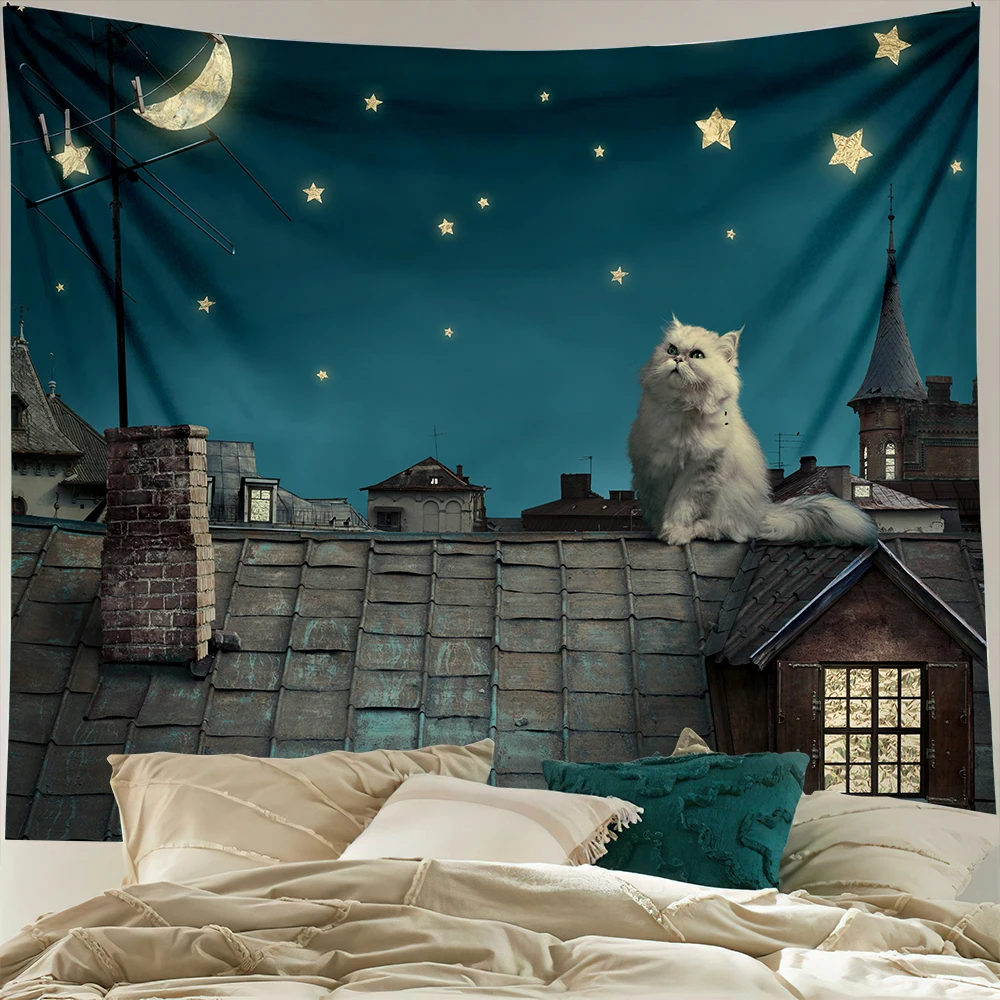 

Boho Room Decor Hanging Cloth Sun Moon and Cat Pattern Tapestry Background Home Decoration Wall Hanging Hippie Tapestries
