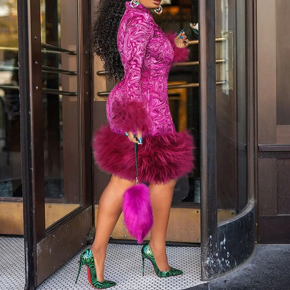 

Women Feather Dress Retro Printed Bodycon African Office Lady Long Sleeve Mini Dress Fur Sexy Club Party Big Size 2020 Fashion