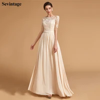 sevintage real photos half sleeves prom dresses appliques lace pearls chiffon evening gown scoop floor length formal women dress