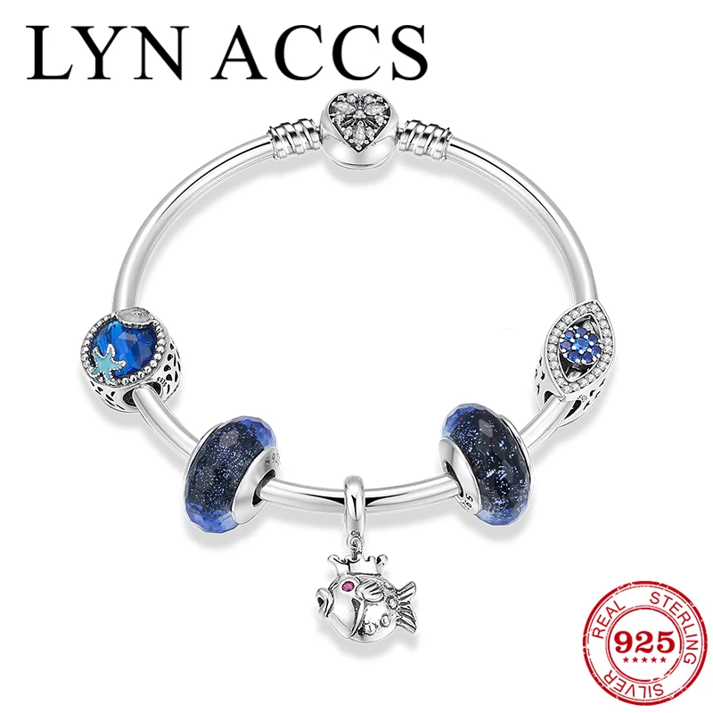 

Hot sale European Charm Bracelet Heart of the sea 925 Sterling Silver Evil Blue Zircon Eye Glass Beads Bangles for Women Jewelry