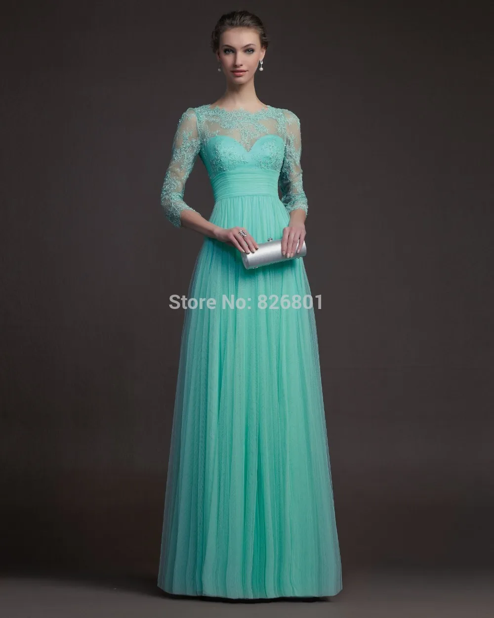 

Free Shipping Turquoise Tulle Elegant Lace Evening Dress With Long Sleeves Formal Prom Gown 2014 New Arrival vestidos de festa