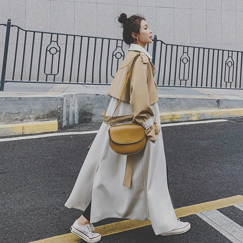 Тренчкот женский двубортный длинное пальто в стиле пэчворк весна-осень бежевая