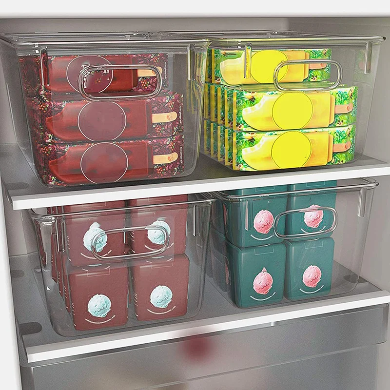

4Pcs Clear Pantry Organizer BinsRefrigerator Storage Bins with Handles for Fridge, Freezer, Cabinet, Kitchen, Bathrooms
