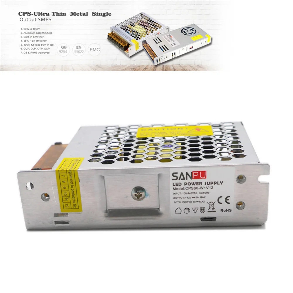 Ультратонкий Светодиодный драйвер постоянного напряжения IP20 5 В 12 24 60 Вт 100 150 250 300