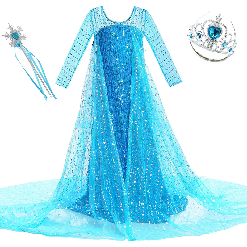 Dress and S02 Платье принцессы Эльзы и Эльзы для девочек; детское длинное платье с блестками и накидкой; детское платье Снежной Королевы на Рождество, день рождения, вечеринку; платье для костюмированной вечеринки - Цвет: Dress and S02