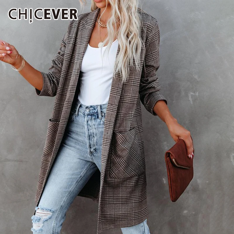 

CHICEVER Casual Coat For Women Notched Loose Long Sleeve Plaid Patchwork Pockets Open Stitch Female 2021 Autumn Fashion Clothing