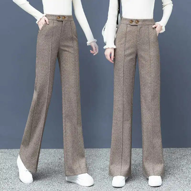 Thick Wool Straight Pants Women's Office Wear Side Pockets Autumn Winter Vintage High Waist Zipper Fly Female Wide Leg Trousers