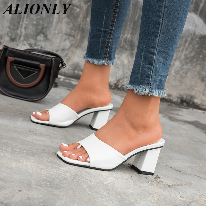 

Alionly Slipper Outdoor Sandal for Women 2022 Summer Square High Heel Slip On Flip Flop Elegant Slides chaussure femme