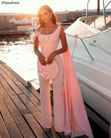 light pink evening dress with pants suits one shoulder feather sequin elegant wrap v neck prom dress vestido de fiesta de boda