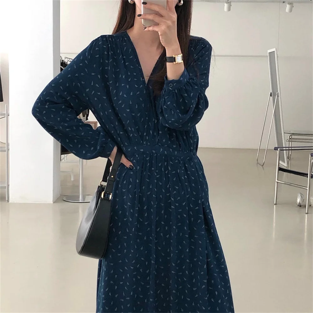 

Женское длинное свободное платье 민민민민, осеннее шикарное офисное платье с V-образным вырезом, новинка 2021, универсальная Повседневная Уличн...