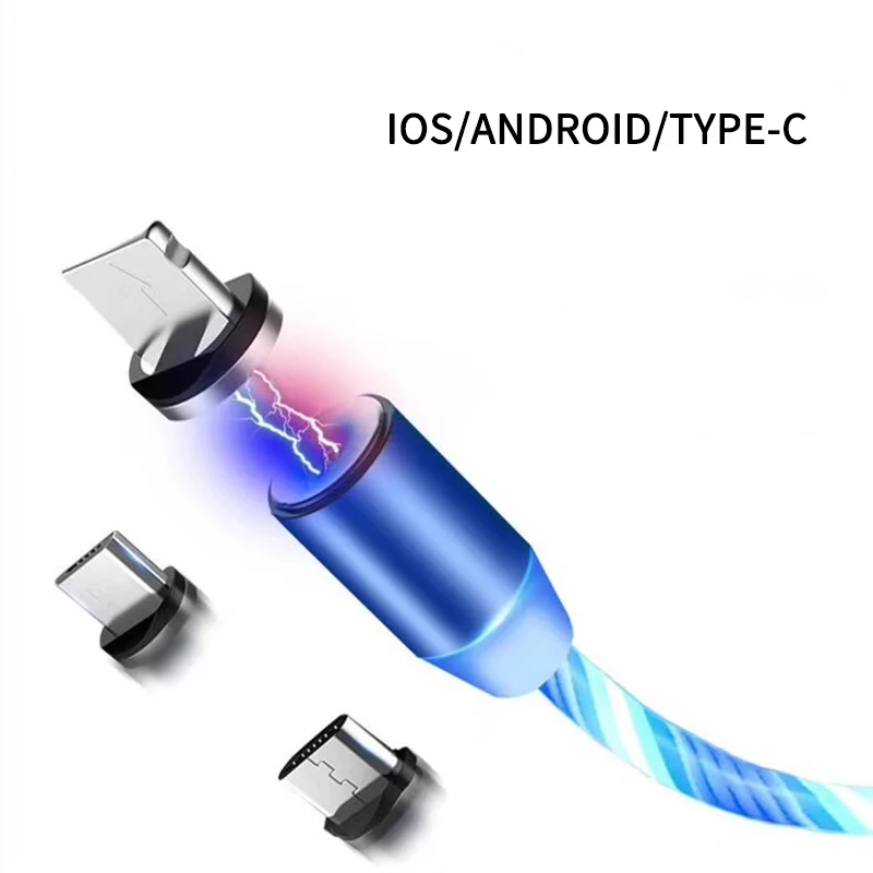 3 in 1 Color LED streamer magnetic USB cable for iphone huawei samsung xiaomi redmi phone charger Type-C MicroUSB charging cable