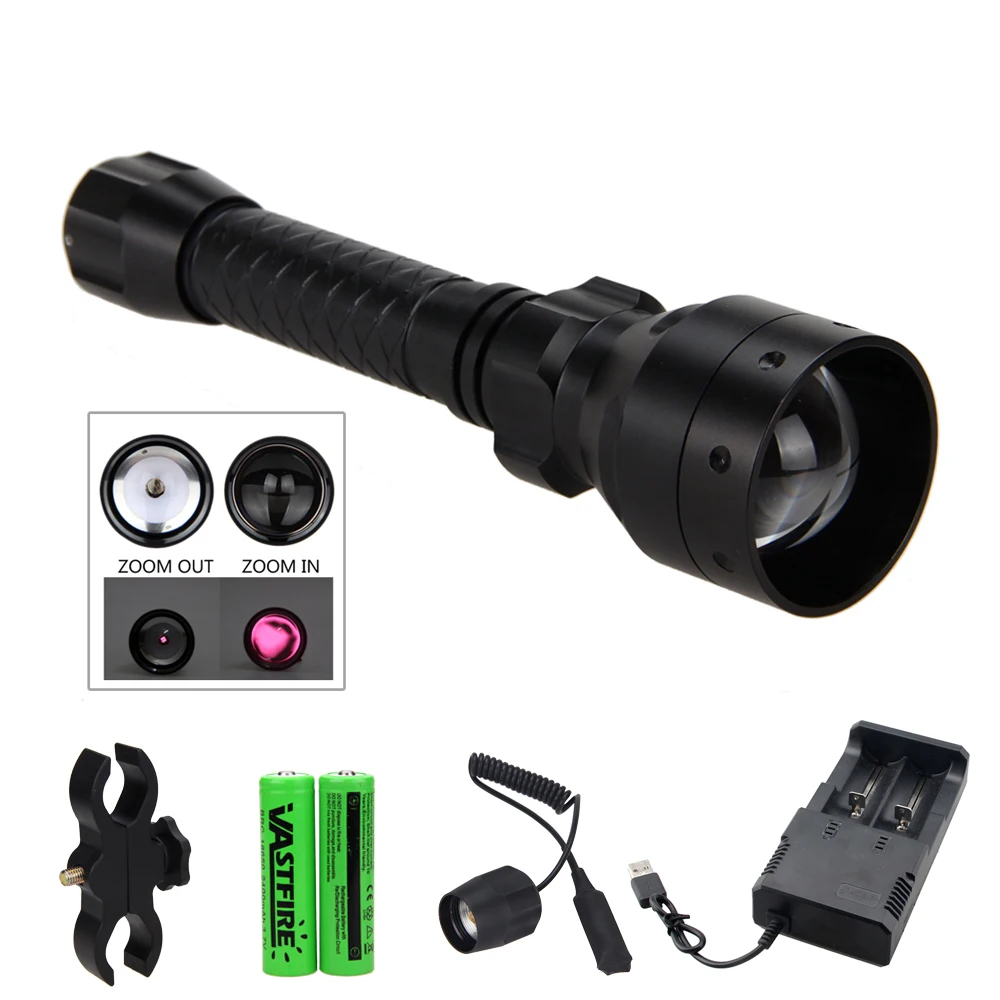 T50 IR 850nm Hunting Flashlight Night Vision Infrared Weapon Gun Light 50MM Lens IR Scout Lamp+Rifle Mount+Switch+18650+Charger images - 6