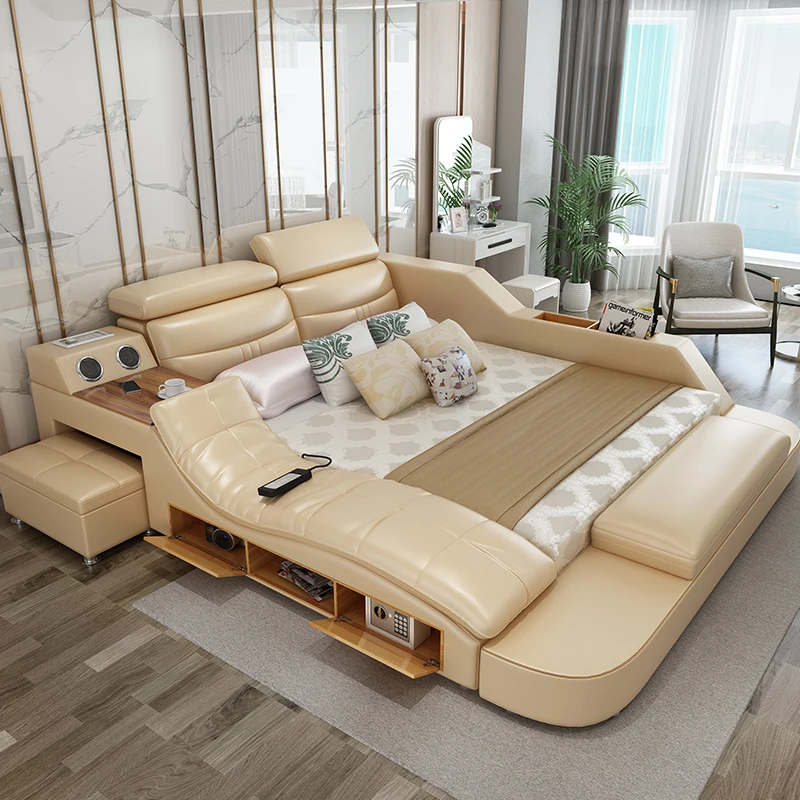 Black leather bed modern style bedroom sets with massage and speaker | Мебель