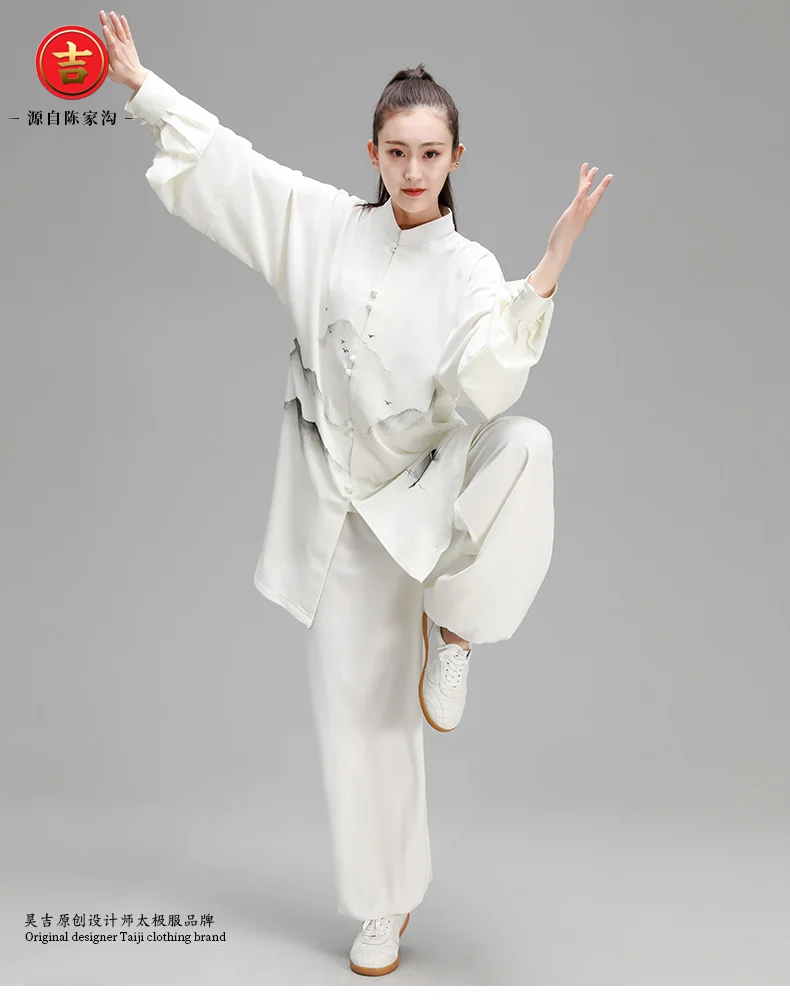 Женский Hanfu Taiji наборы одежды костюм Тан кунг-фу изысканный элегантный тай-чи из трех предметов одежды боевых искусств шаль чернильная живопись