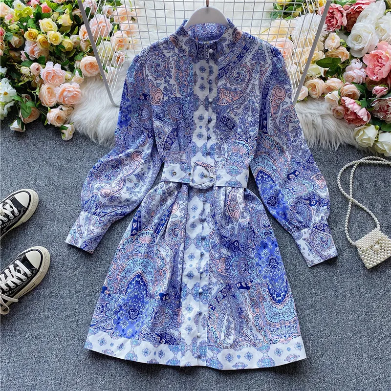 

Women's spring summer runway fashion long sleeve print dress female vintage belt slim chic dress TB1422