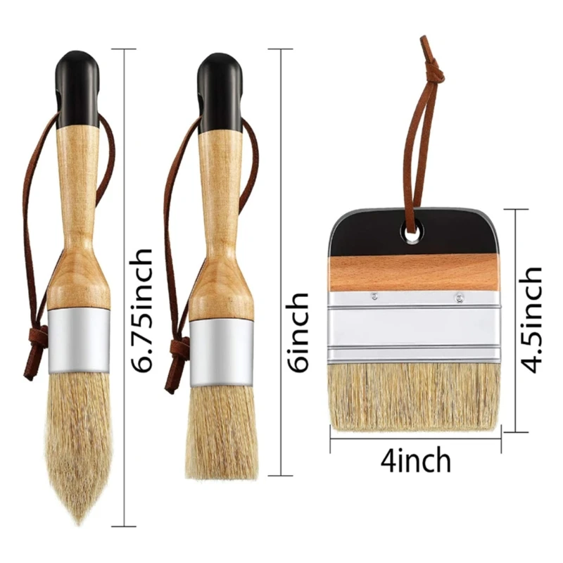 

3 Pcs/Set Ergonomic Handle Chalk Wax Paint Brushes for Wood Furniture DIY Painting Waxing Tool Bristle Stencil Brushes