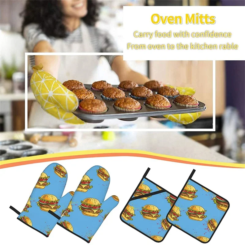 

Oven glove and pot holder set heat-resistant 4-piece set, kitchen utensils non-slip insulating gloves for baking and cooking
