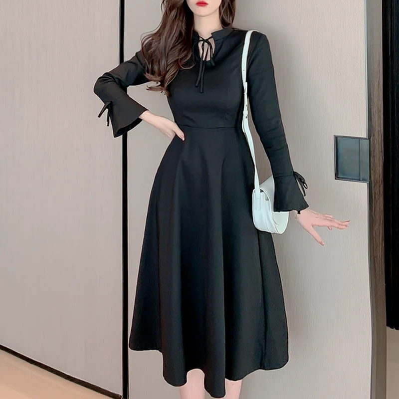 

Elegant Black Long Dress Women Korean Office Lady Bandage Design Y2K Dress Vintage Gothic Evening Party Dress Women 2021 Autumn