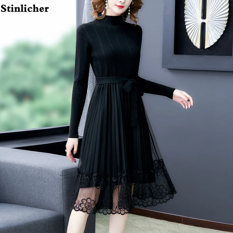 Осенне-зимнее Плиссированное длинное вязаное платье женское повседневное