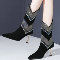 2020 rhinestones wedding party shoes women genuine leather high heel platform pumps shoe female high top pointed toe ankle boots
