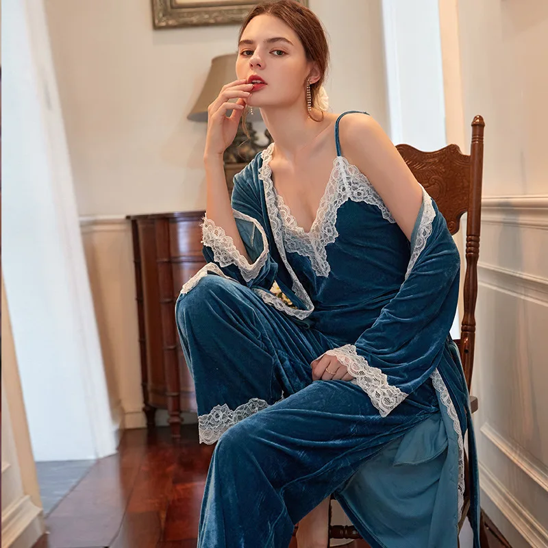 

Женский пижамный комплект Wasteheart, синего цвета, кружевная ночная рубашка, Пижама для сна, комплект из 3 предметов, жилет, размера плюс