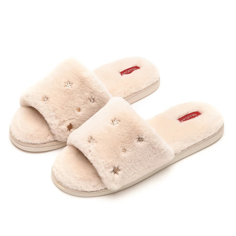 

Metal Decoration Plush Fish Mouth Christmas Slippers Indoor Thick Warmth Flat Home Shoes Ladies Winter Fashion Simple