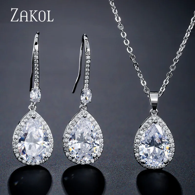 ZAKOL Классические Прозрачные Серьги капли с фианитом браслет кулон набор