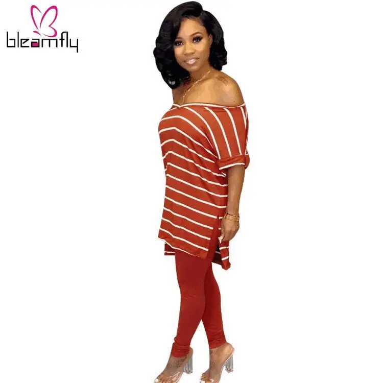 Осенне летний женский костюм в полоску с v образным вырезом футболка брюки