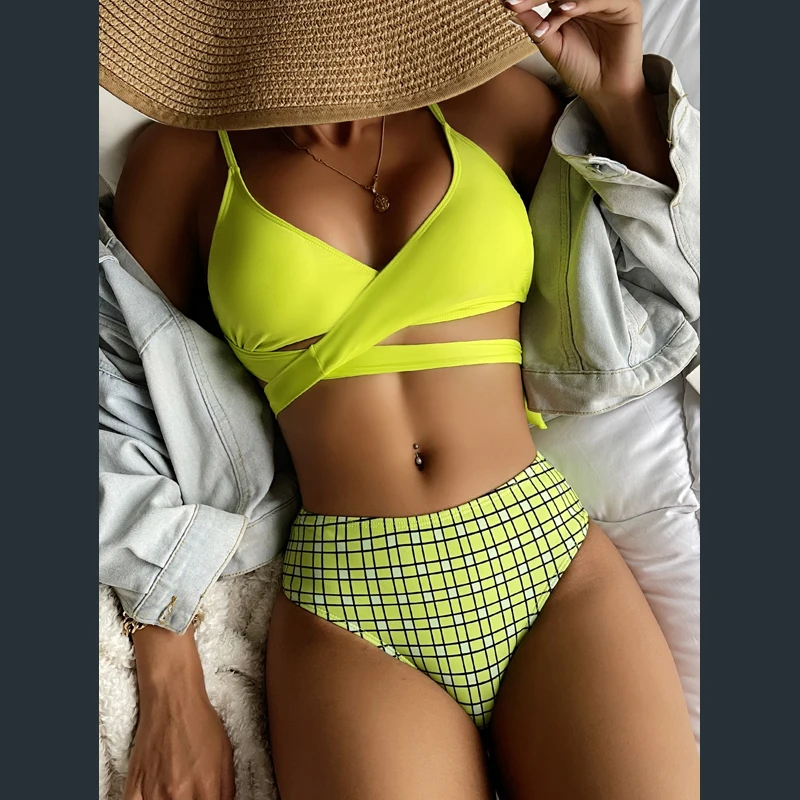 

Бразильское бикини 2021 размера плюс, пляжная одежда, большой женский купальник, Новый ремешок с высокой талией и разрезом, из полиэстера, Sierra