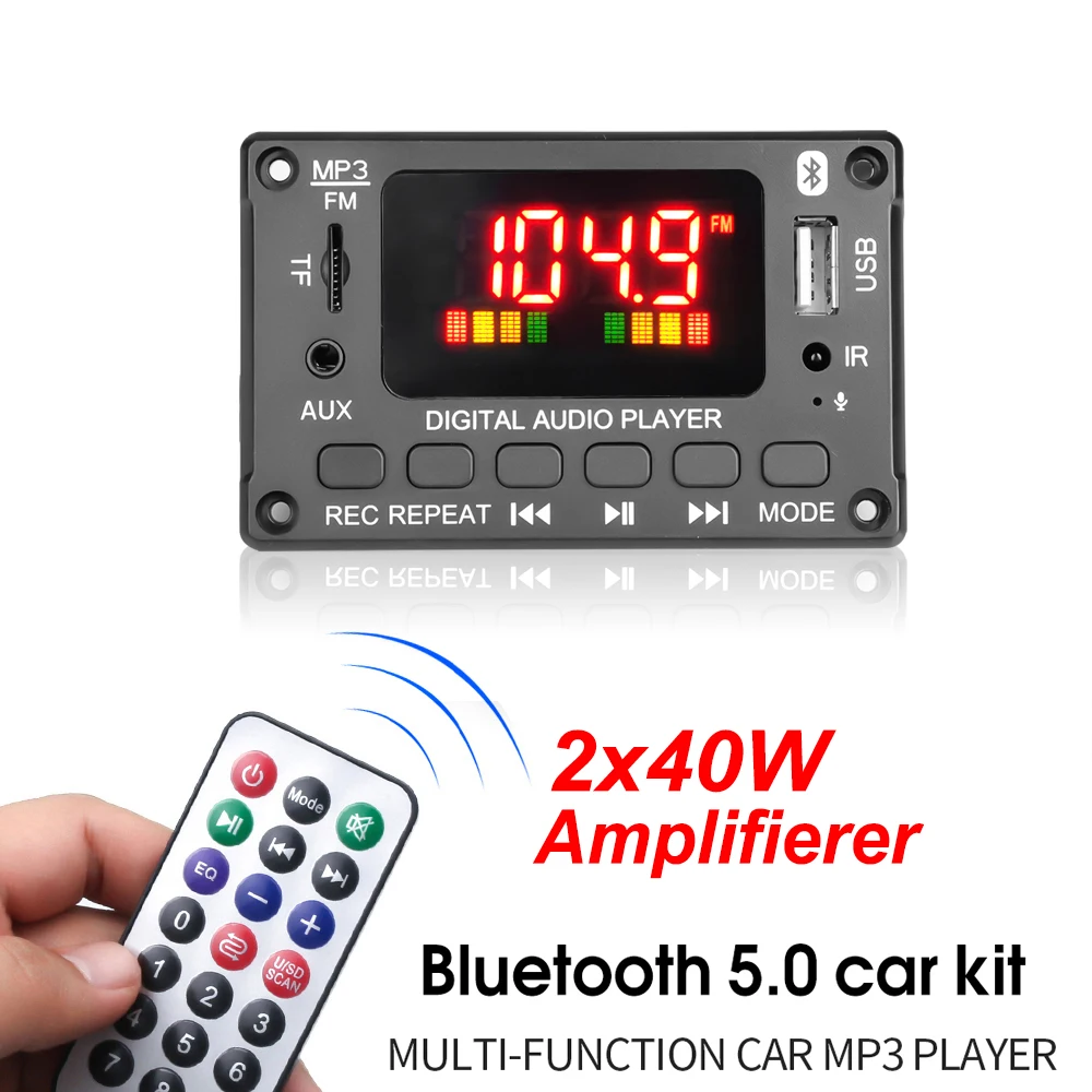 

2*40W 7V-26V Amplifier Handsfree Bluetooth 5.0 MP3 WMA WAV Decoder Board 12V Wireless Music Audio Modul USB TF FM Car Radio Kit