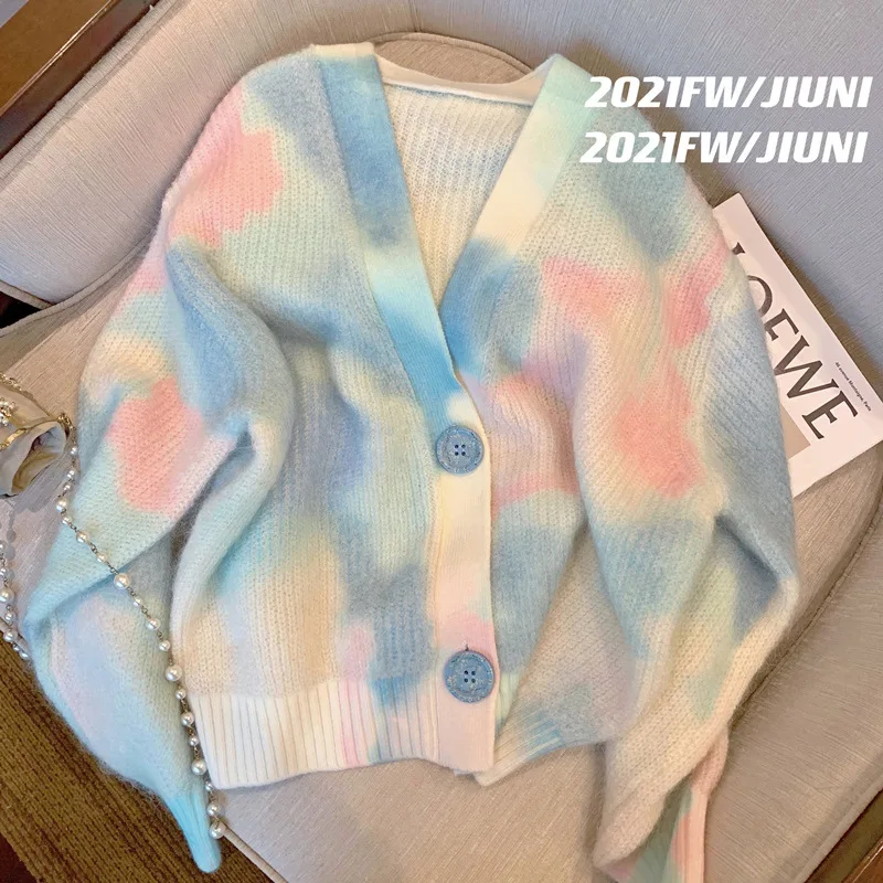 

Tie Dyed Sweater Coat Cardigan Women's 2021 Spring And Autumn New Loose Temperament Minority V-neck Knitted Blouse