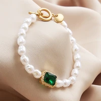 new pearl creative retro simple temperament inlaid green gemstone bracelet for women trendy wrist jewelry gift
